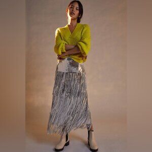 Maeve Anthropologie Tatiana Sequined Fringe Midi Silver Skirt